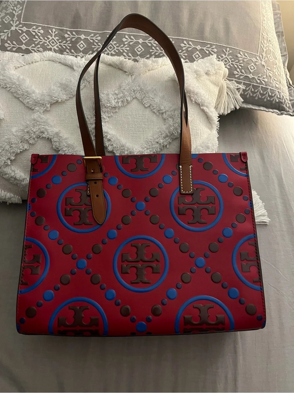 Tory Burch Red Logo Circle Print Tote with Brown Straps